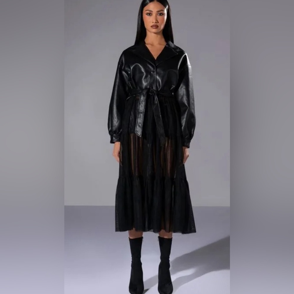 AKIRA Faux Leather & Sheer Chiffon Trench Coat Dress Black Sz S Edgy Gothic - Picture 7 of 12